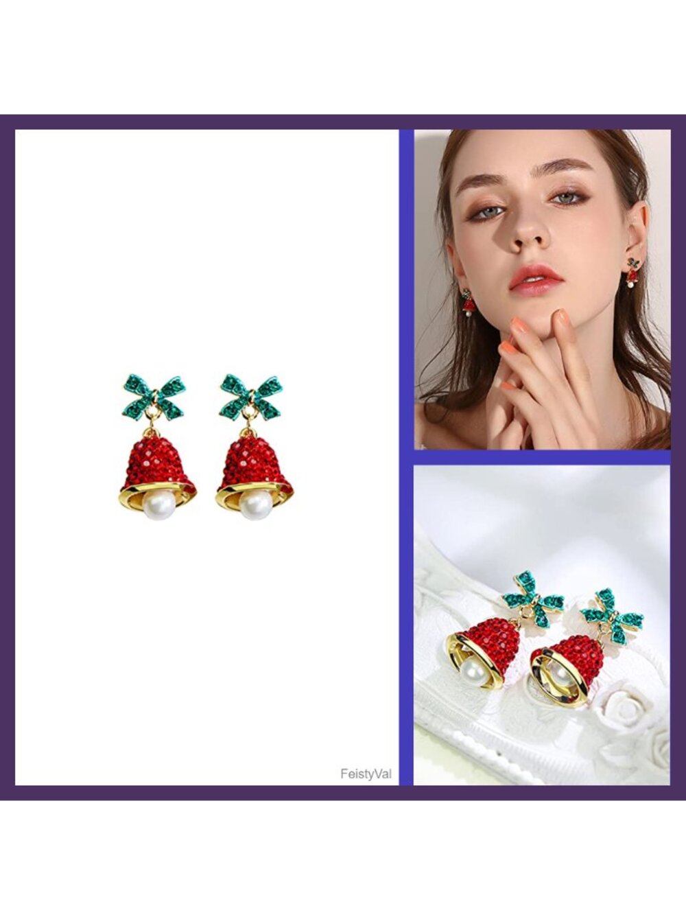 Crystal Christmas Bell Dangle Earrings Asymmetric Santa & Tree Rhinestone Studs